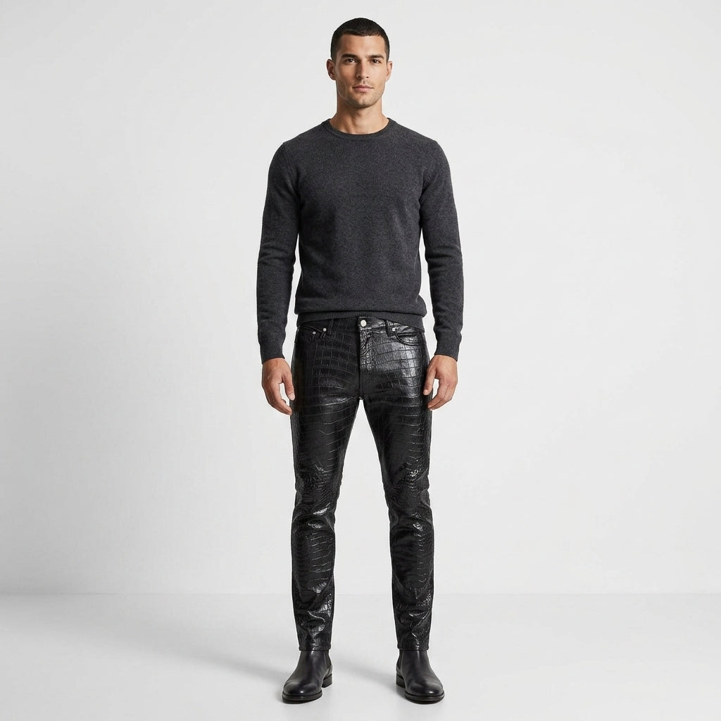 Men’s Black Crocodile Embossed Genuine Leather Biker Pants