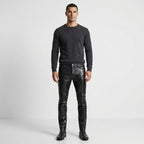 Men’s Black Crocodile Embossed Genuine Leather Biker Pants