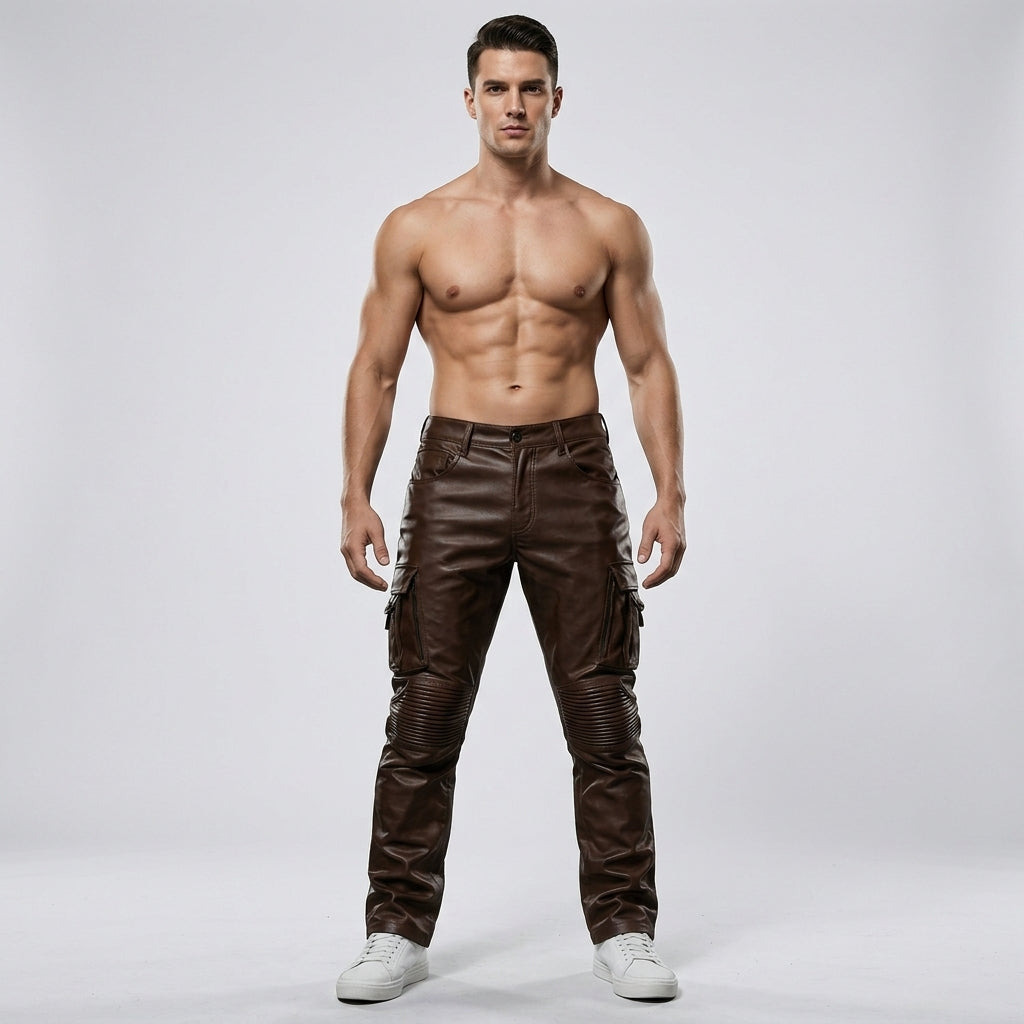 Men’s Brown Slim Fit Biker Leather Pants