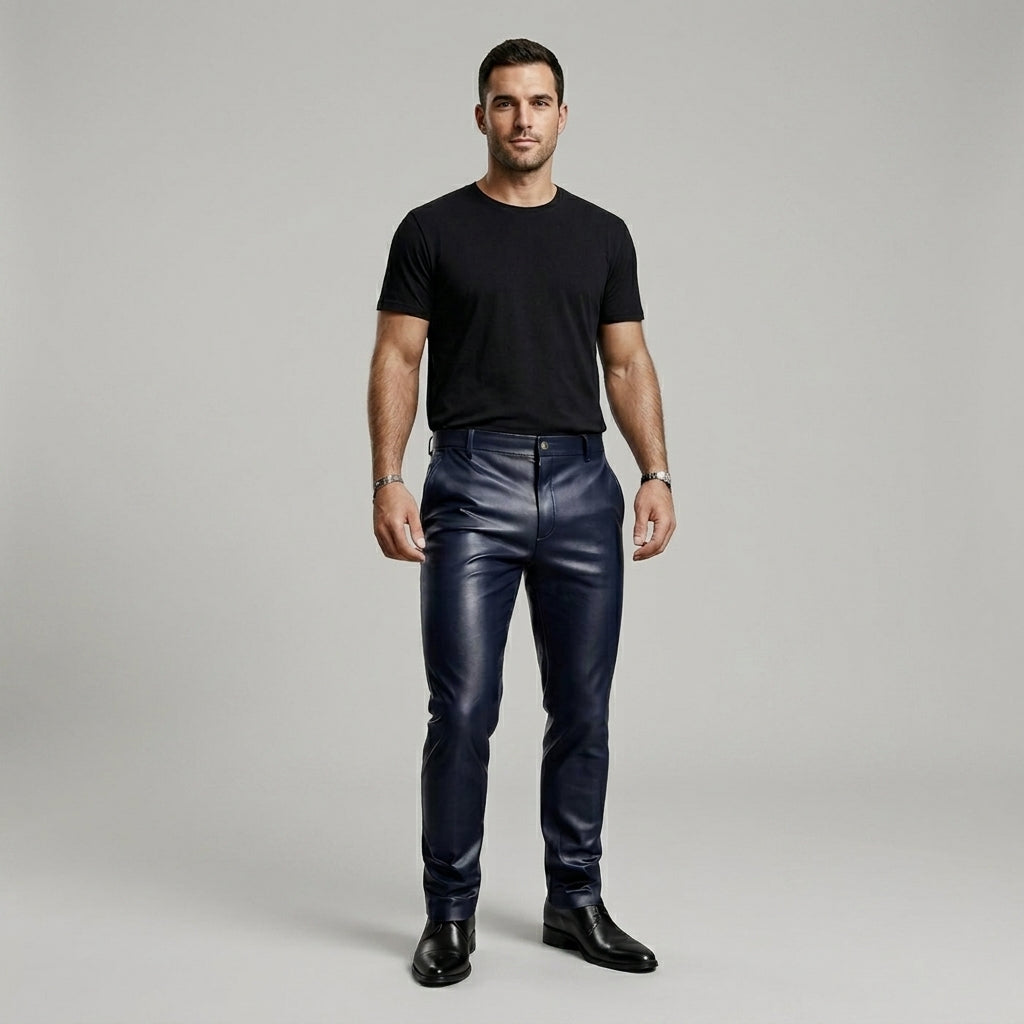 Men’s Navy Blue Sheepskin Leather Pants