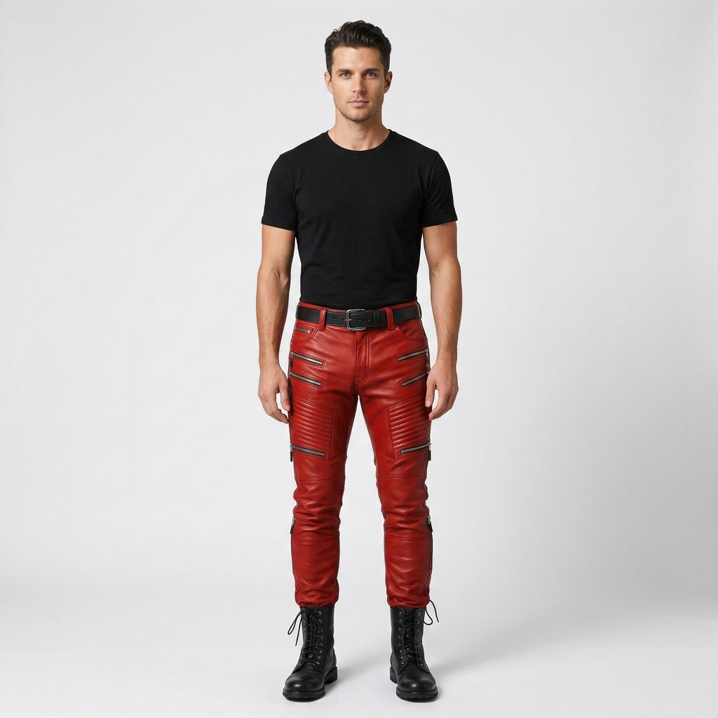 Men’s Red Biker Leather Pants