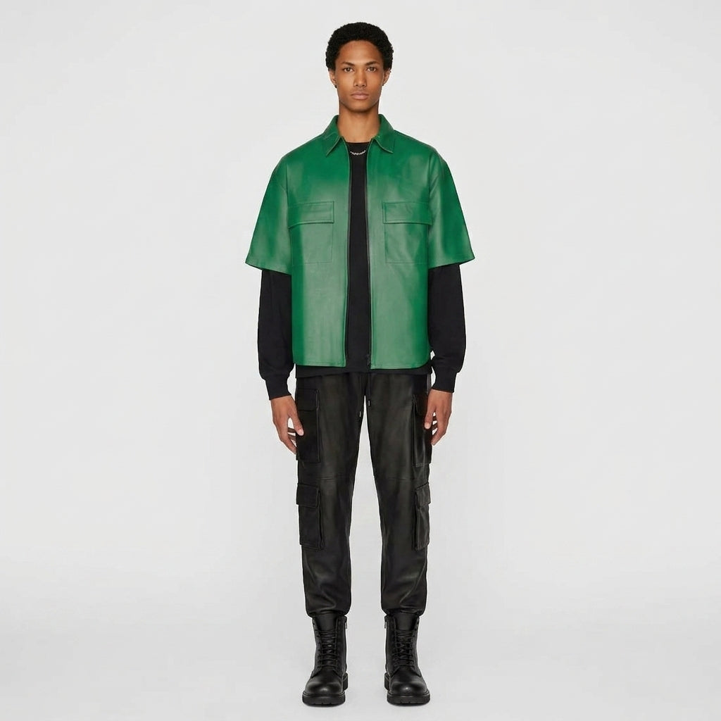 Men’s Green Half Sleeve Leather Shirt