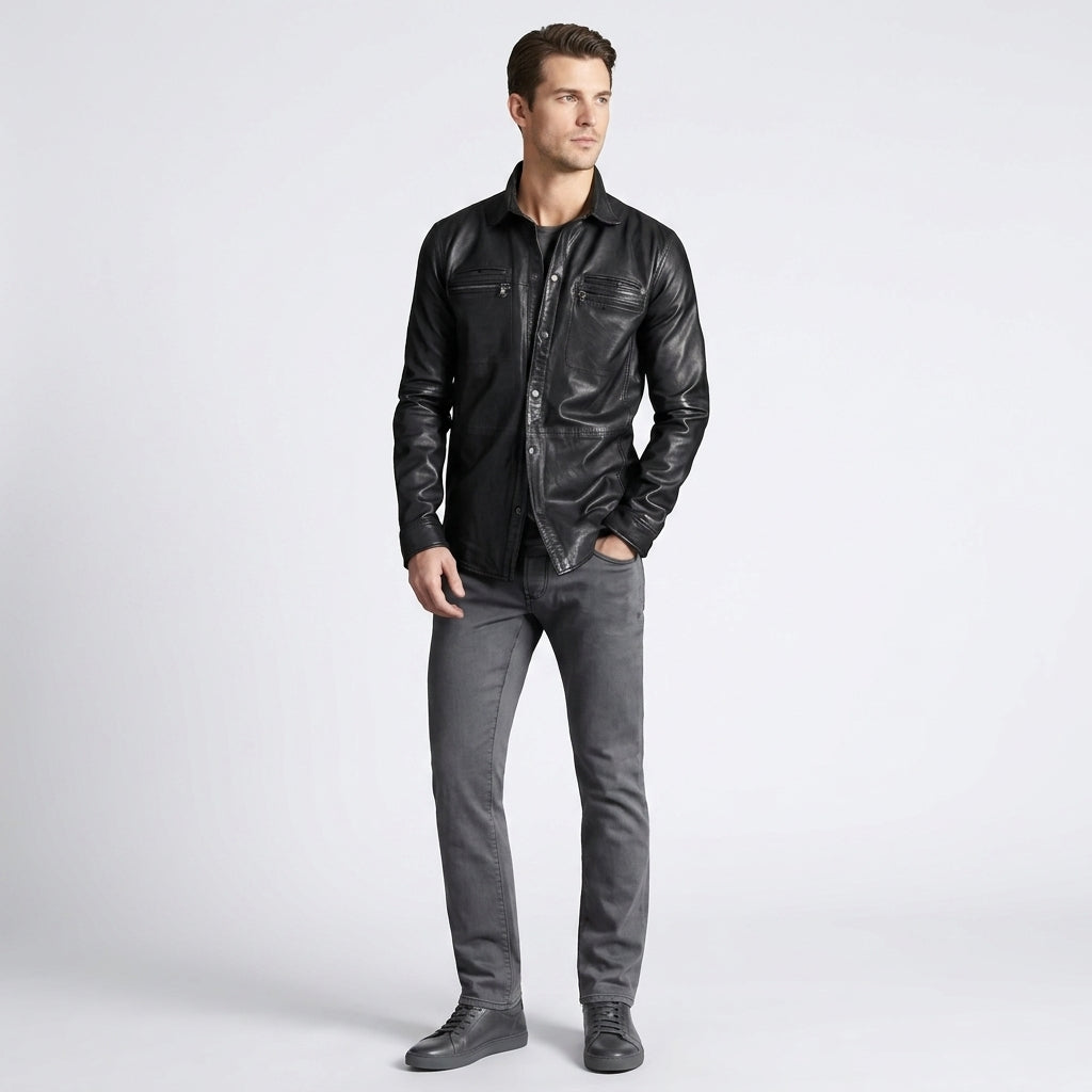 Men’s Stylish Black Sheepskin Leather Shirt