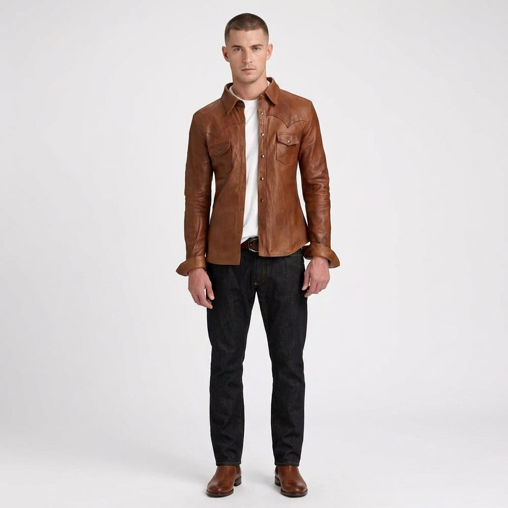 Men’s Stylish Brown Sheepskin Leather Shirt