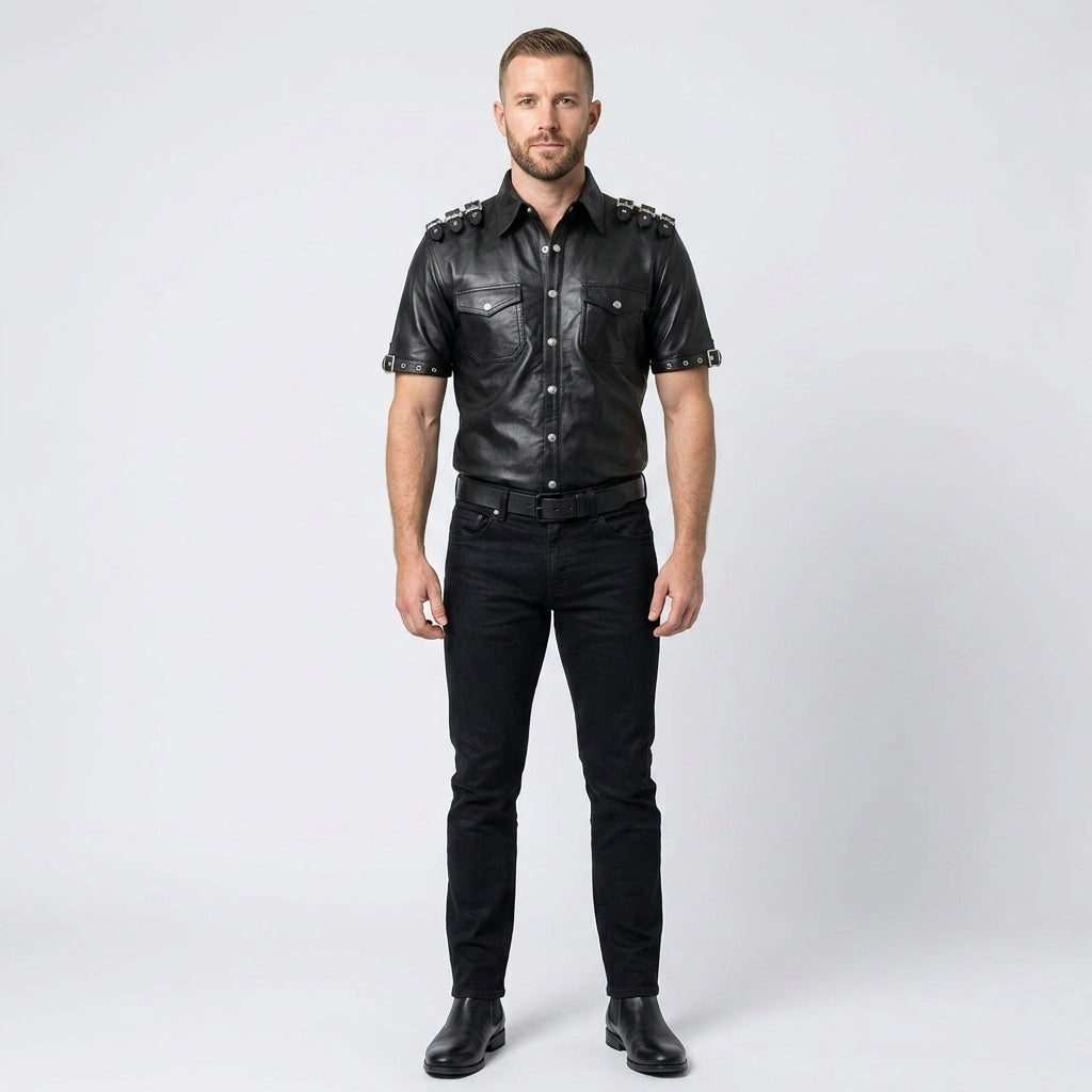 Men’s Stylish Napa Leather T-Shirt with Buckles