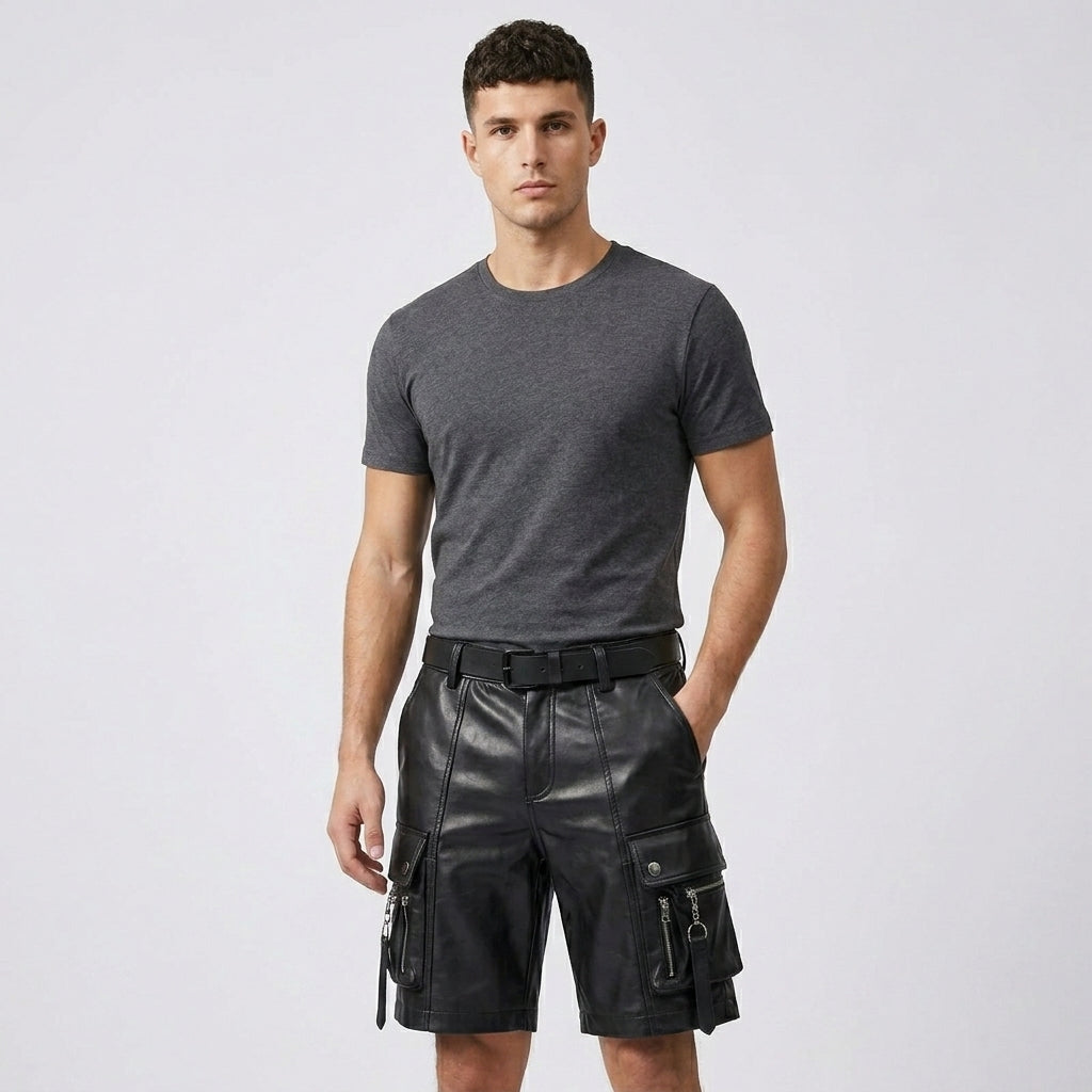 Men’s Black Leather Cargo Utility Shorts