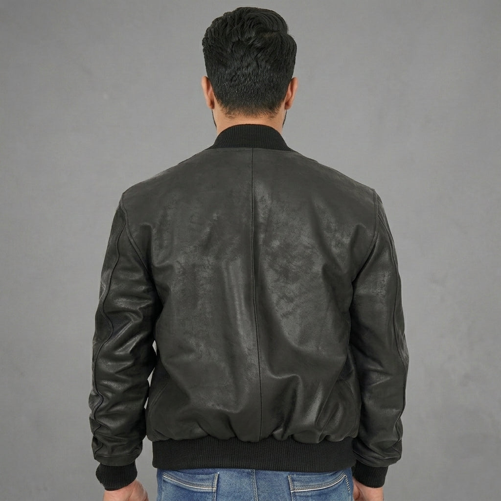 Men’s Black Leather Letterman Bomber Jacket