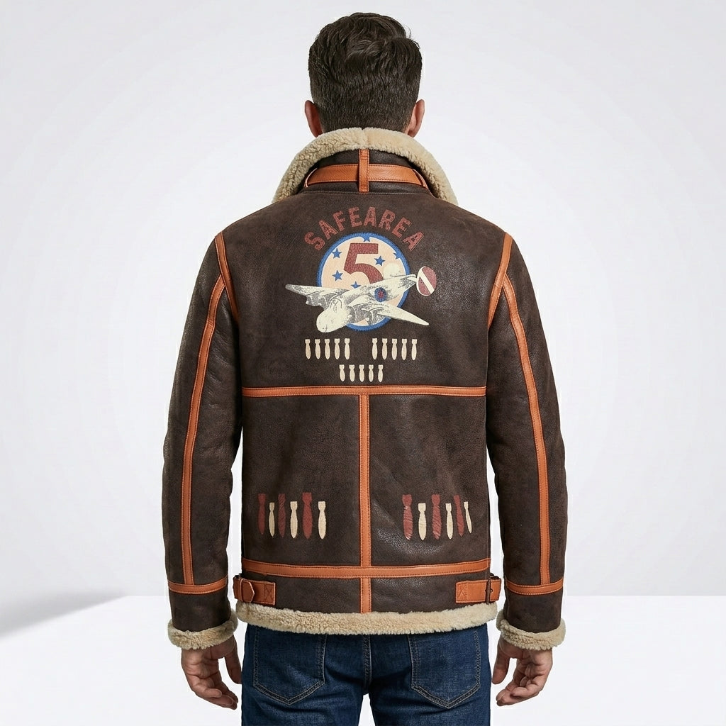 Men’s Brown B-3 Aviator Sheepskin Shearling Bomber Jacket