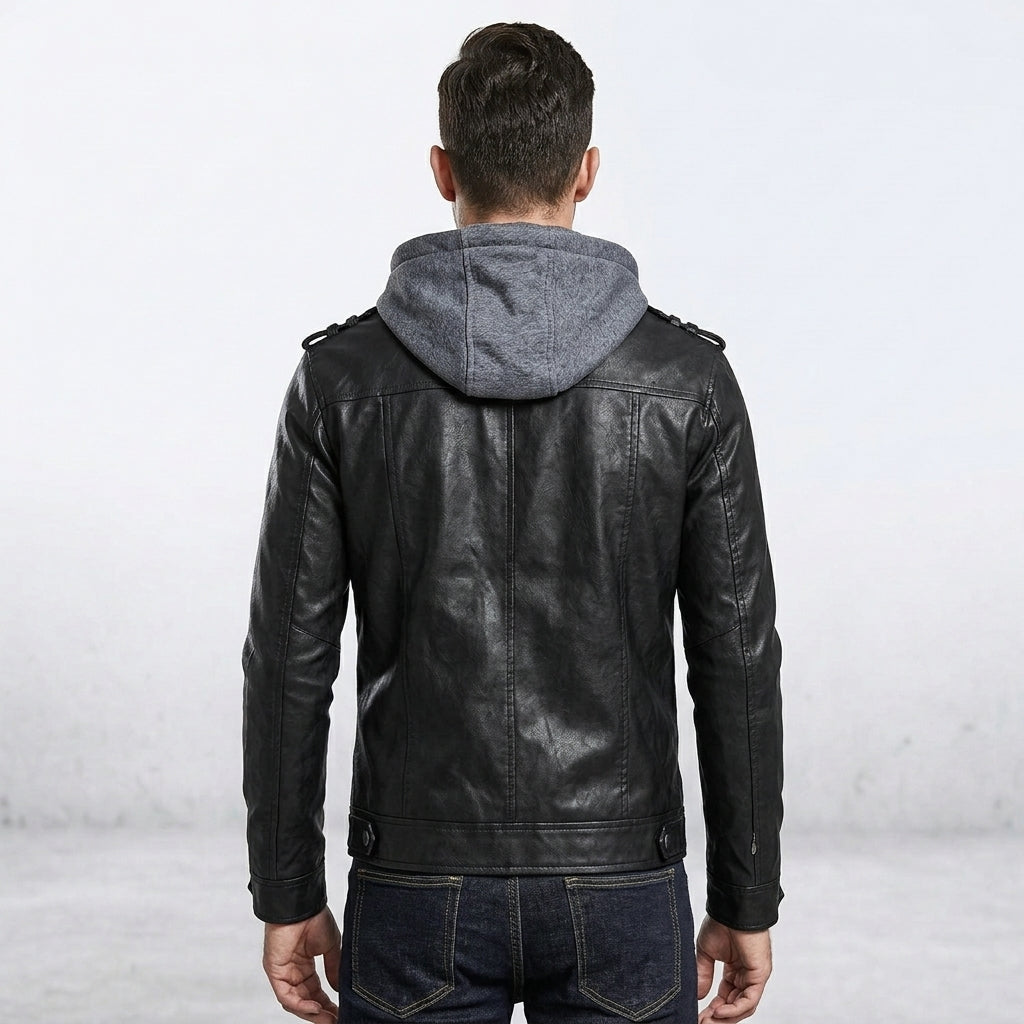 Men’s Brando Motorcycle Biker Leather Jacket with Hood