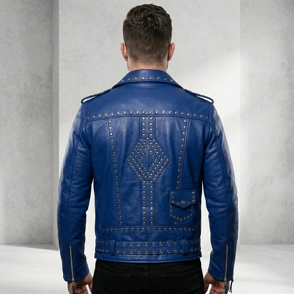 Men’s Blue Studded Leather Biker Jacket