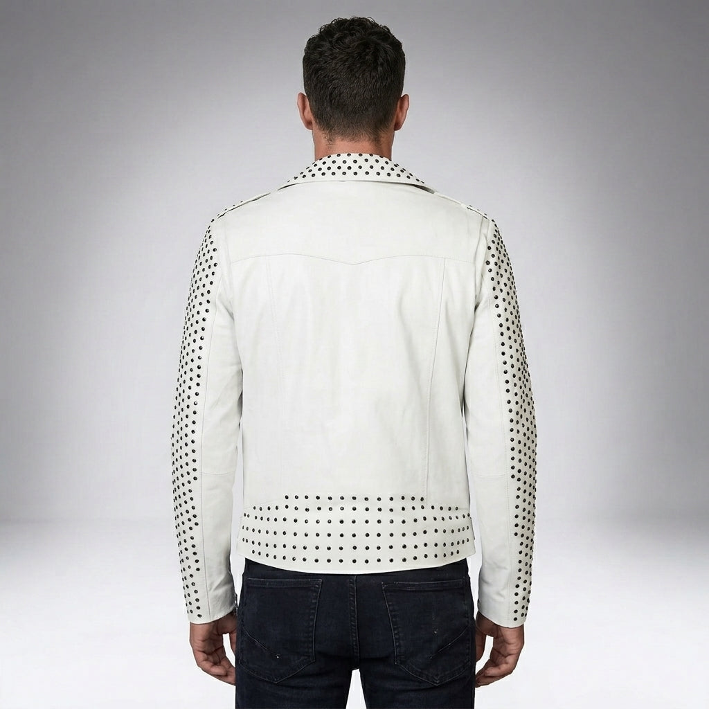 Men’s White Studded Biker Leather Jacket