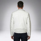 Men’s White Studded Biker Leather Jacket