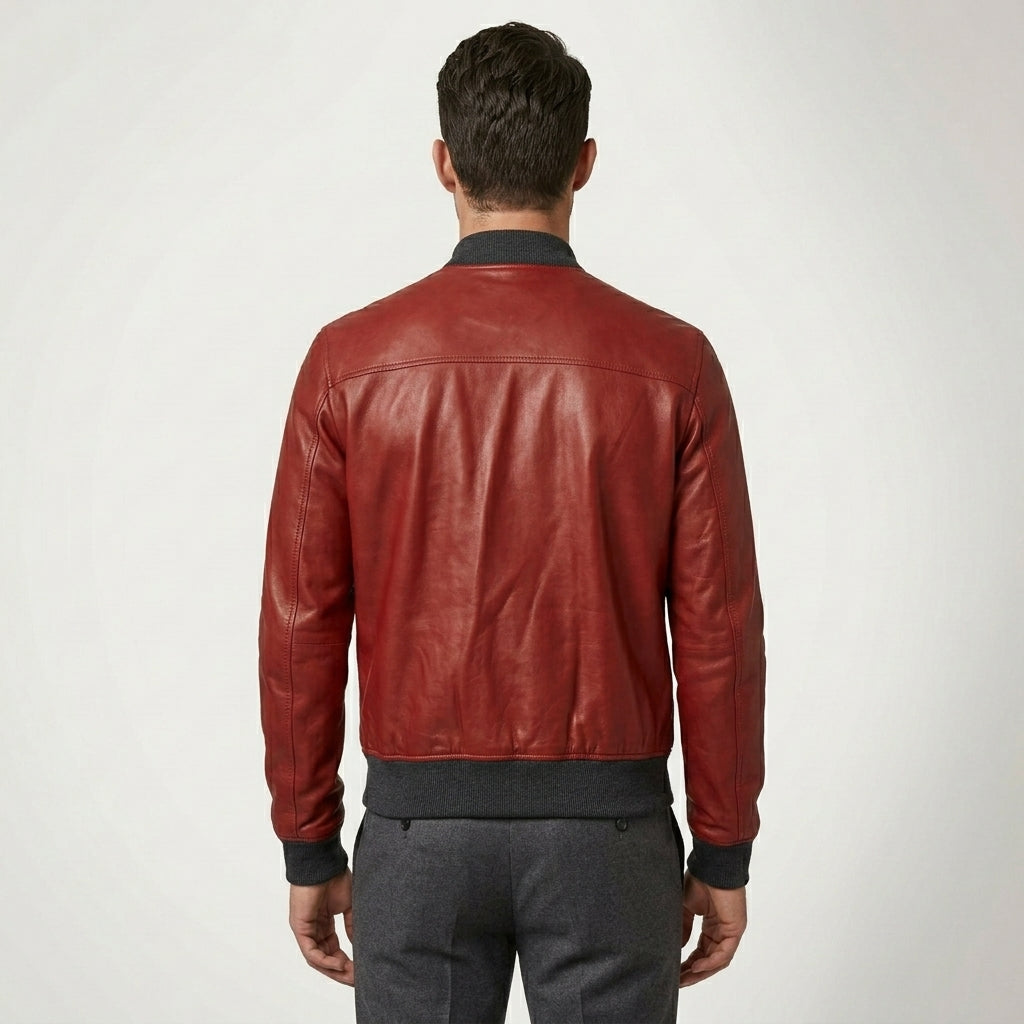 Men’s Red Lambskin Leather Bomber Jacket
