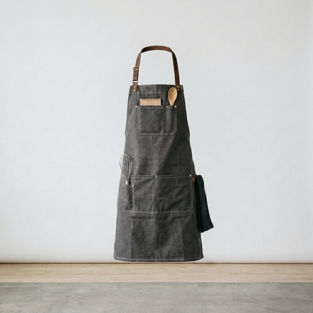 Leiyan Canvas Bib Apron with Brown Leather Straps & Tool Pockets
