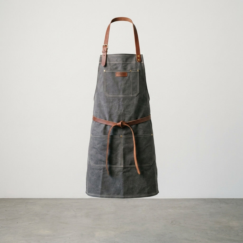 Dapper Dan Charcoal Waxed Canvas Apron with Brown Leather Straps