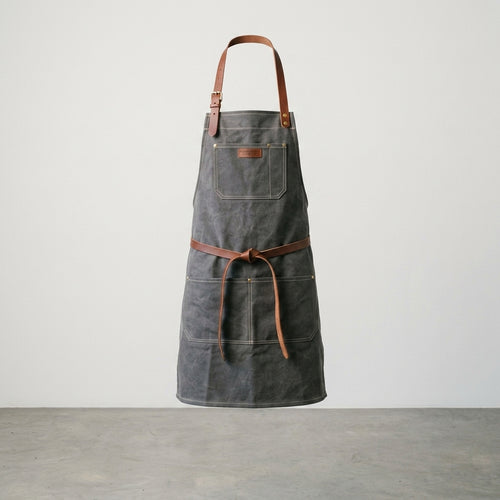 Dapper Dan Charcoal Waxed Canvas Apron with Brown Leather Straps