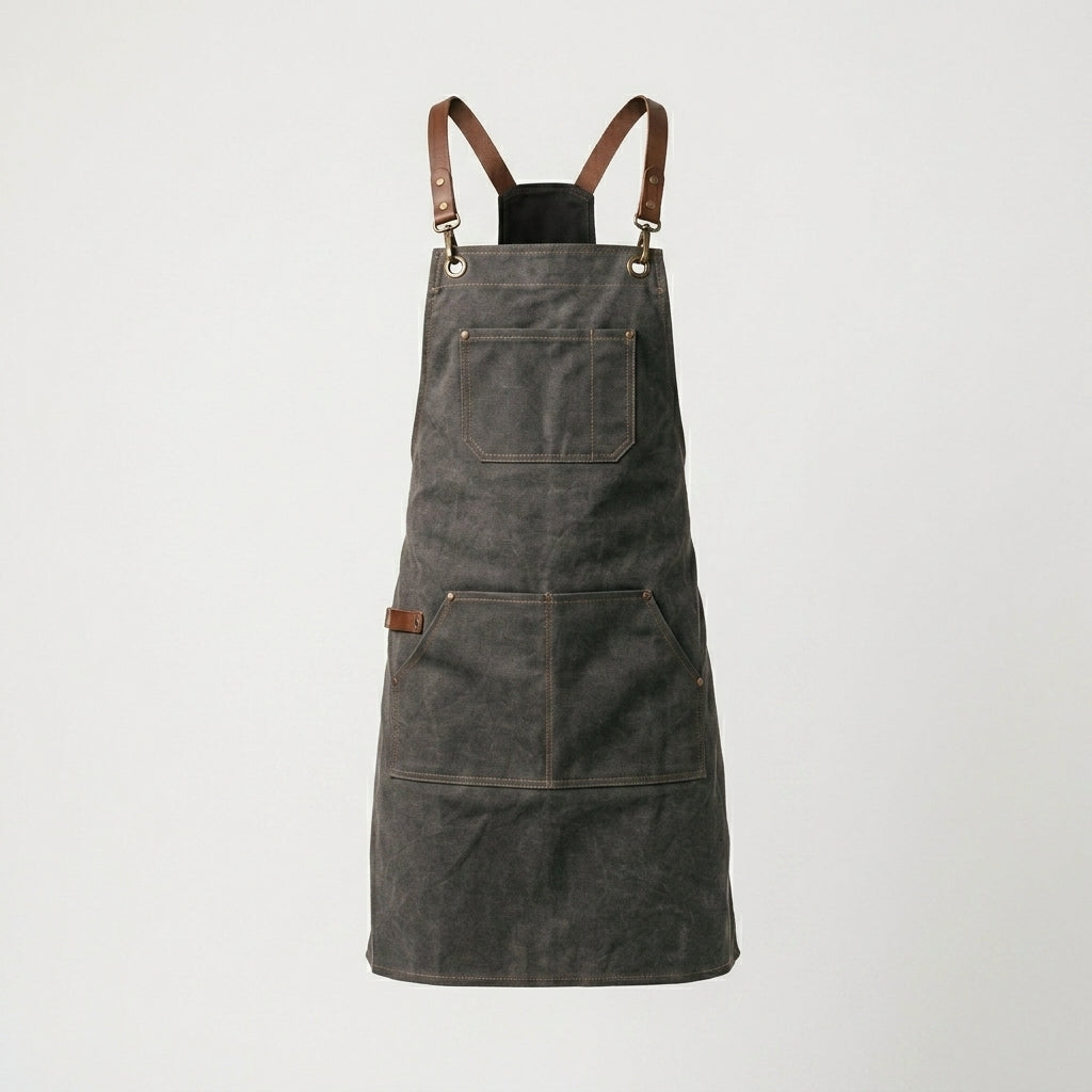 Waxed Canvas Apron with Leather Cross-Back Straps & Utility Pockets