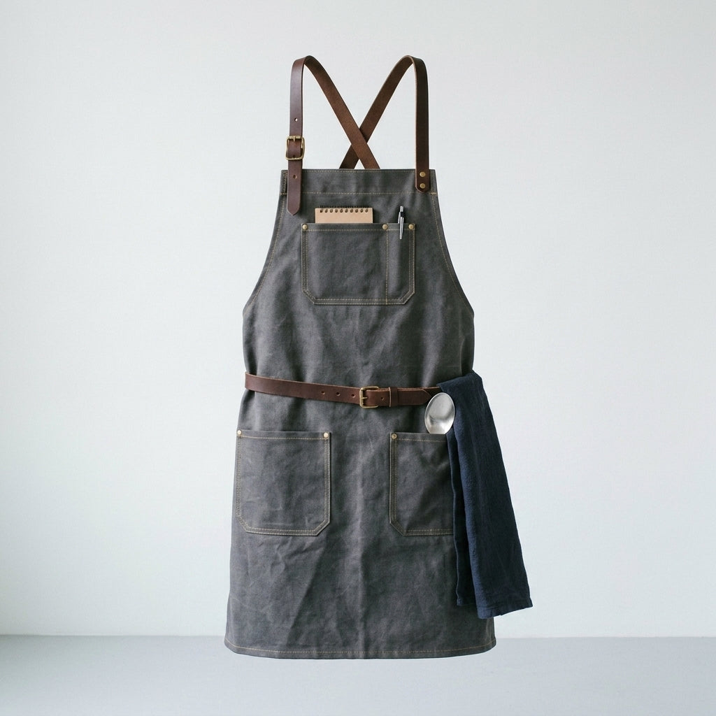 Heavy-Duty Dark Grey Canvas Work Apron with Brown Leather Straps & Pockets