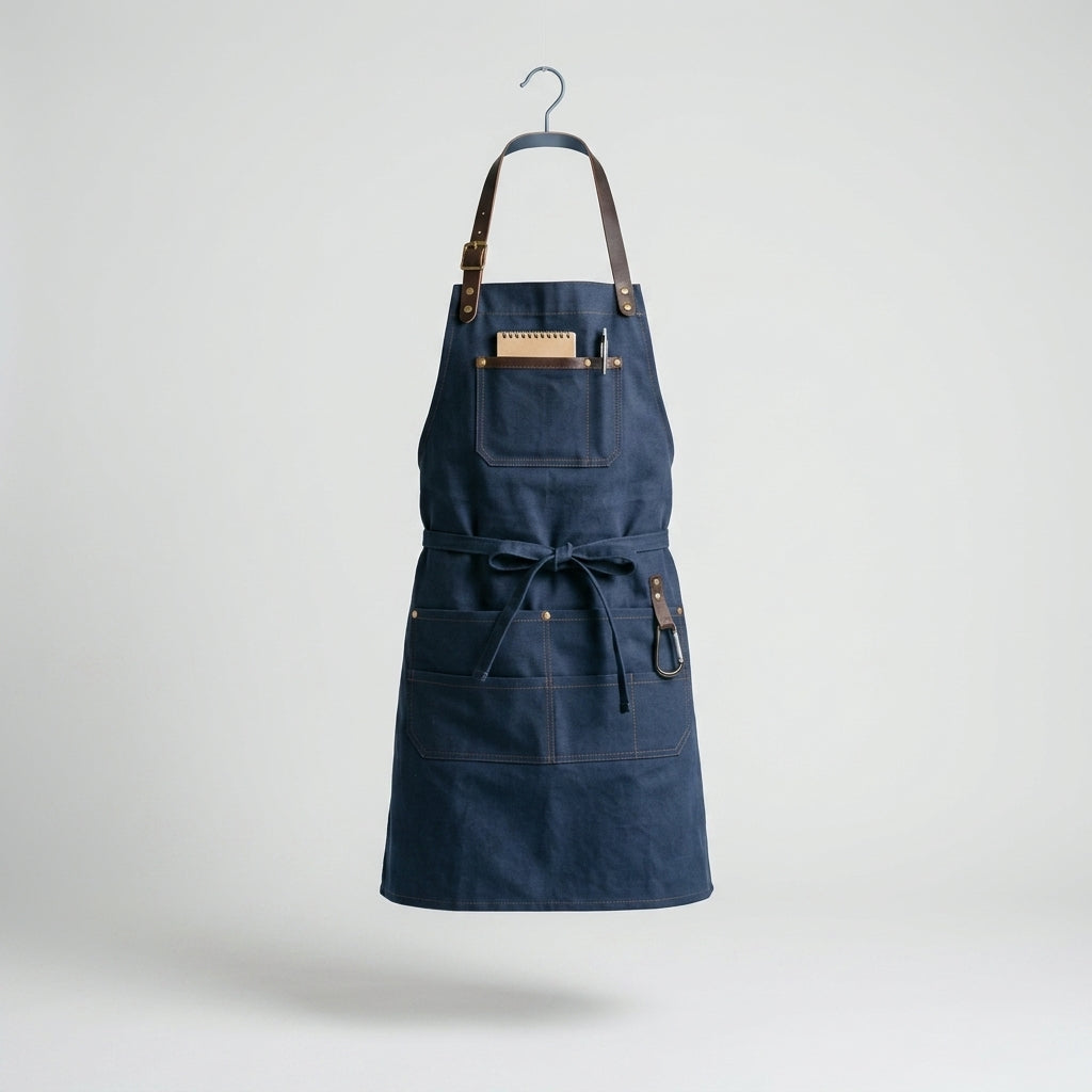 Dark Blue Denim Work Apron with Adjustable Leather Straps & Pockets