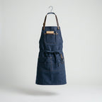 Dark Blue Denim Work Apron with Adjustable Leather Straps & Pockets