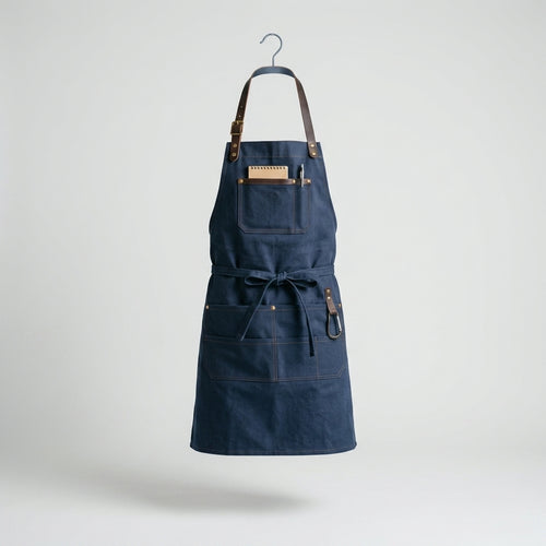 Dark Blue Denim Work Apron with Adjustable Leather Straps & Pockets
