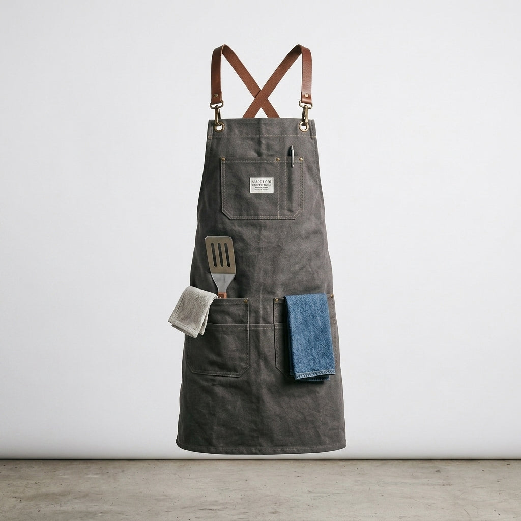 Charcoal Grey Canvas Bib Apron with Brown Leather Cross-Back Straps & Brade a CEO Patch