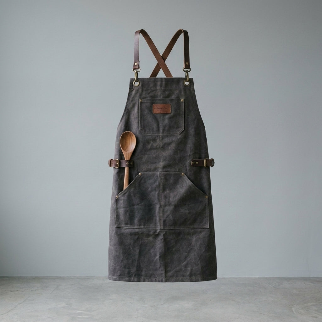 Waxed Canvas Work Apron with Leather Cross-Back Straps & Utility Pockets