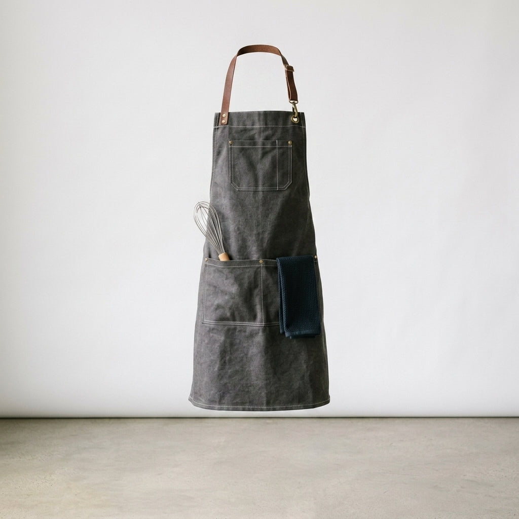 Charcoal Gray Waxed Canvas Apron with Adjustable Brown Leather Straps
