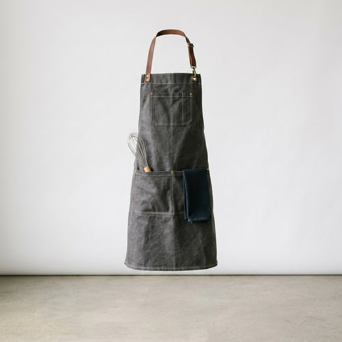 Charcoal Gray Waxed Canvas Apron with Adjustable Brown Leather Straps