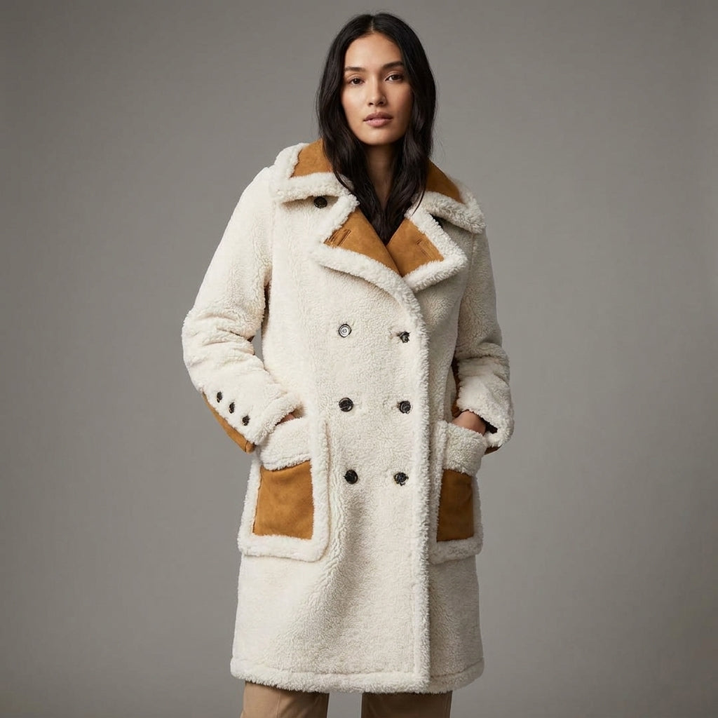 Women’s Double-Breasted White Shearling Coat
