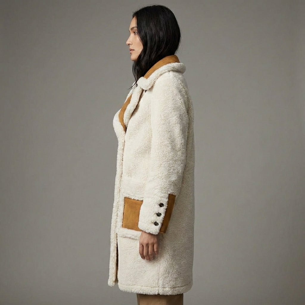 Women’s Double-Breasted White Shearling Coat