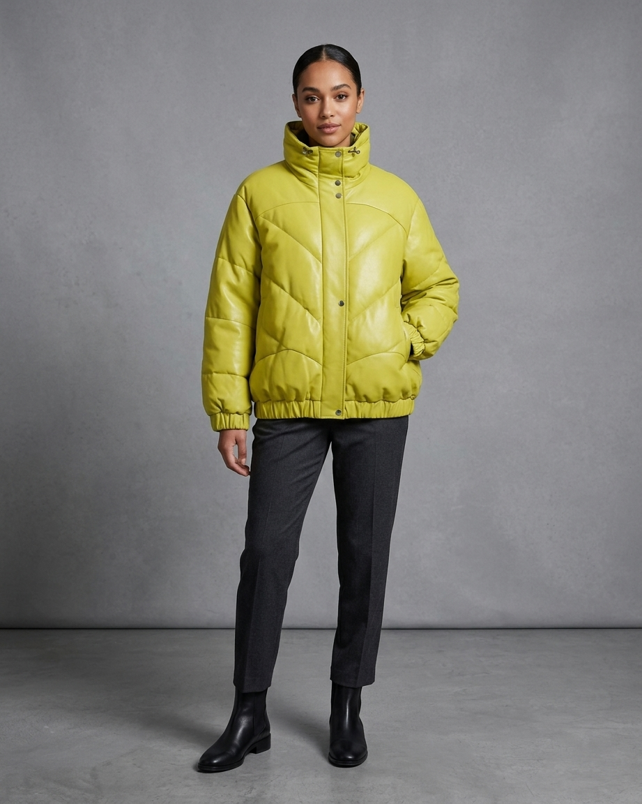 Ava Lemon Yellow Quilted Leather Puffer jacket