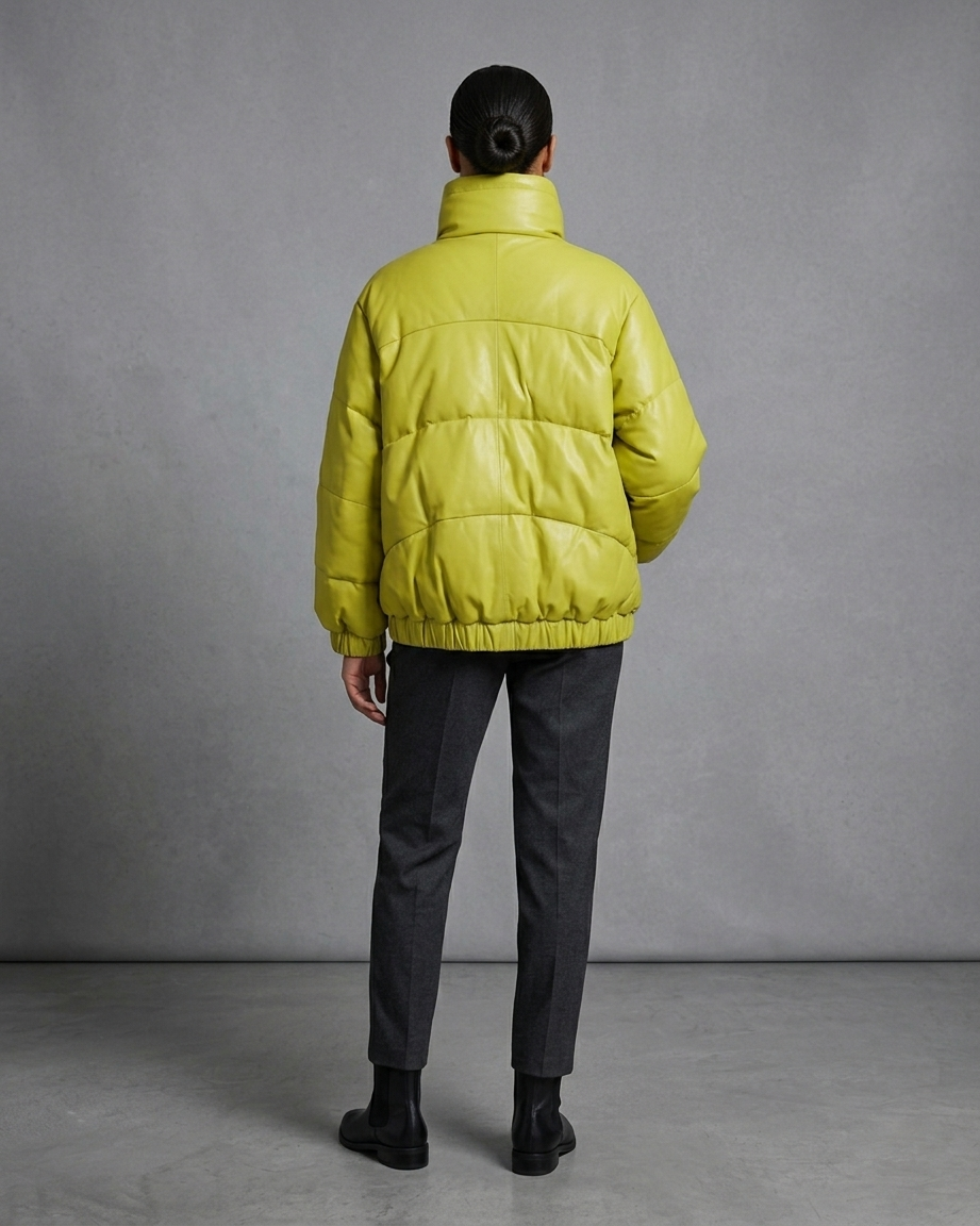 Ava Lemon Yellow Quilted Leather Puffer jacket