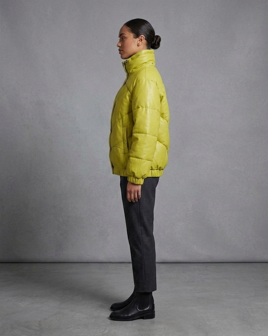 Ava Lemon Yellow Quilted Leather Puffer jacket