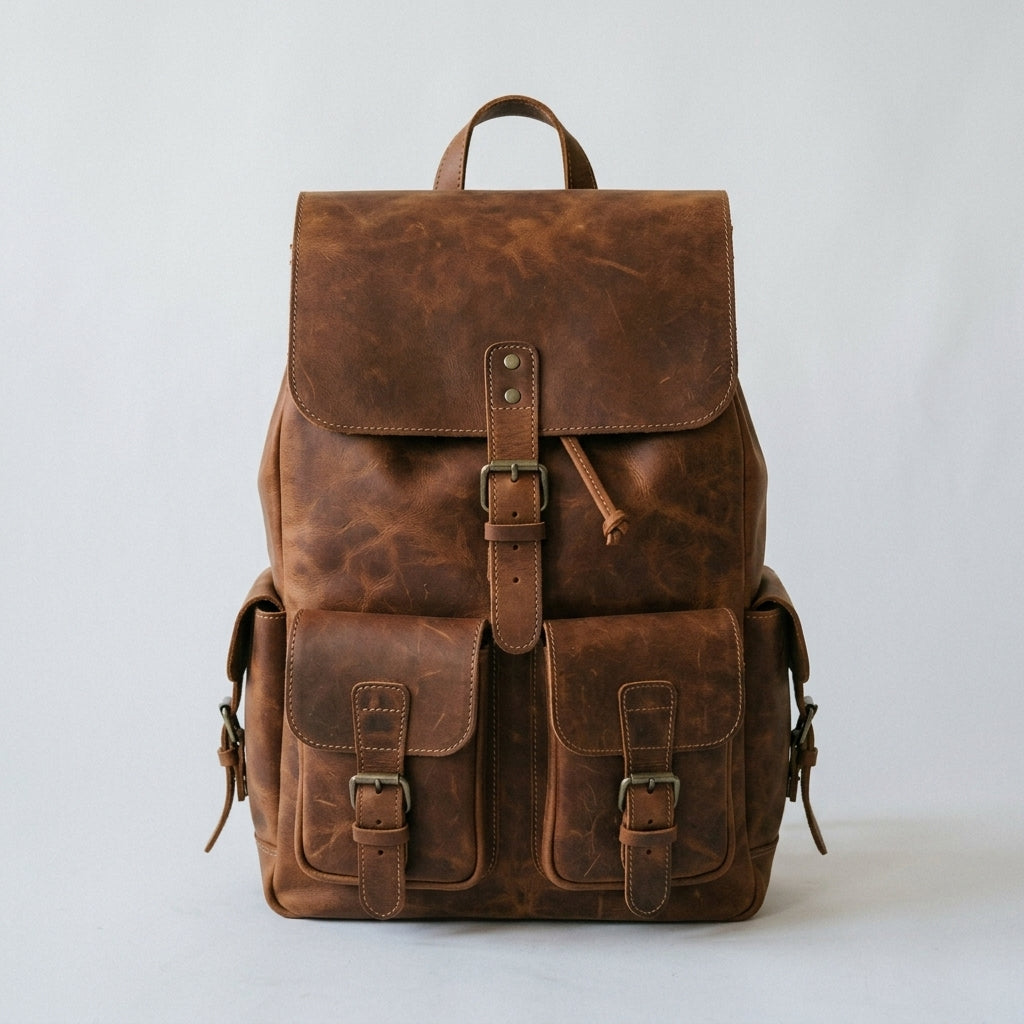 Vintage Brown Full-Grain Cowhide Leather Backpack with Drawstring Closure