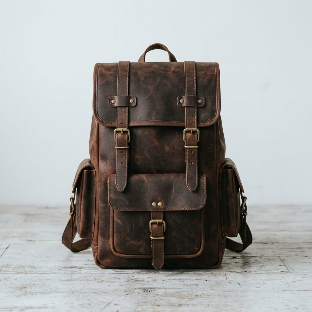 Retro Genuine Leather Laptop Backpack with Classic Buckle Closures