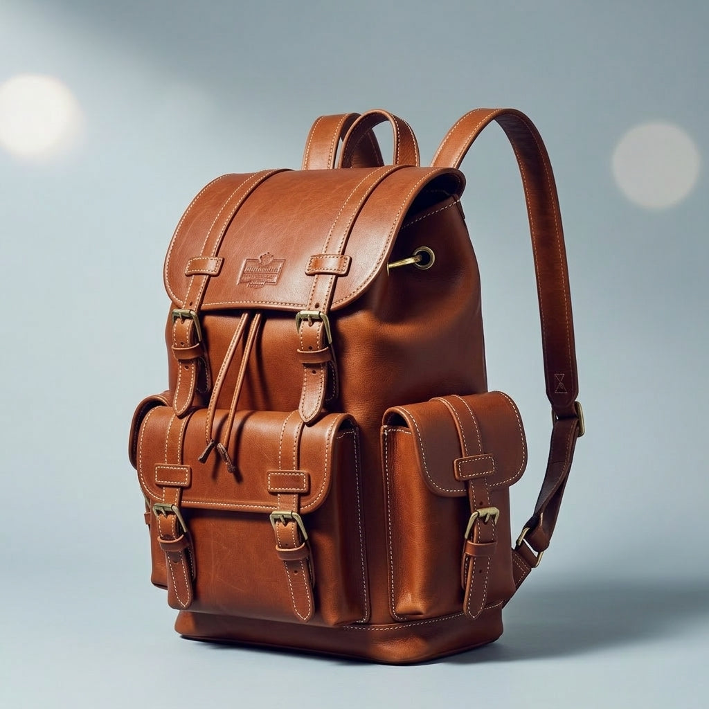 Vintage Genuine Leather Backpack with Buckle Straps & Multiple Exterior Pockets