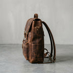 Vintage Genuine Leather Laptop Backpack with Multiple Pockets & Brass Hardware