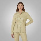 Beige Faux Leather Shirt Jacket for Women