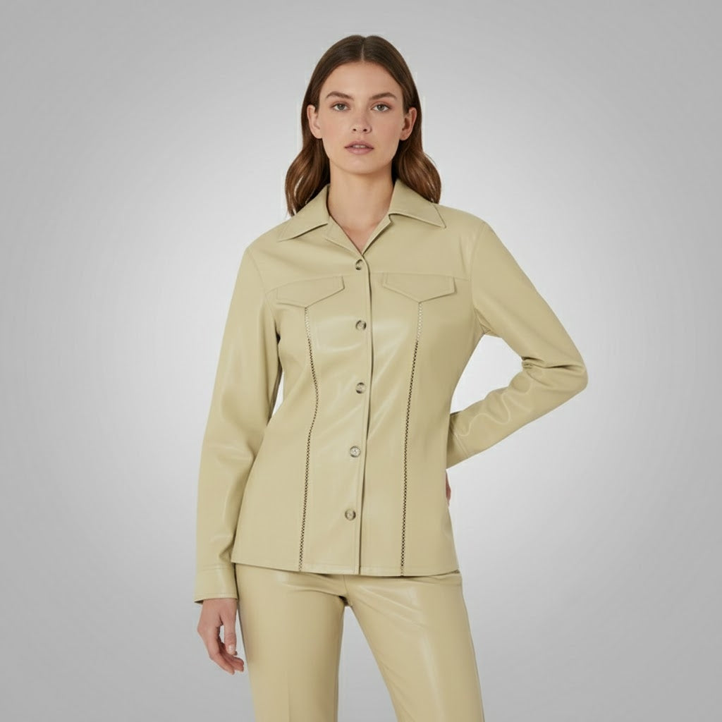 Beige Faux Leather Shirt Jacket for Women