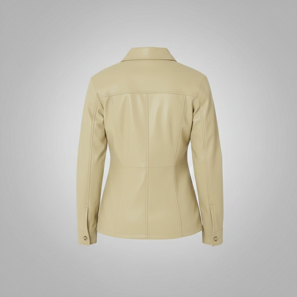 Beige Faux Leather Shirt Jacket for Women