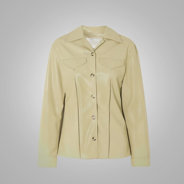Beige Faux Leather Shirt Jacket for Women