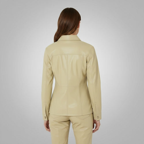 Beige Faux Leather Shirt Jacket for Women