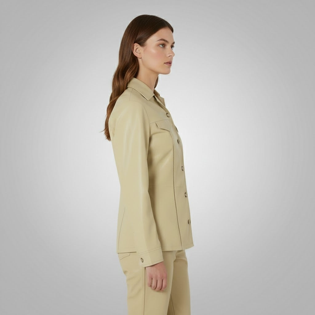 Beige Faux Leather Shirt Jacket for Women