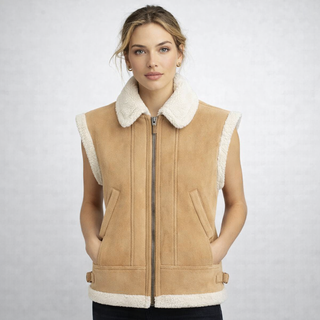 Beige Faux Shearling Teddy Vest with Zipper Front & Plush Collar