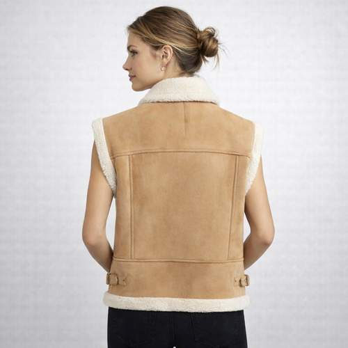 Beige Faux Shearling Teddy Vest with Zipper Front & Plush Collar