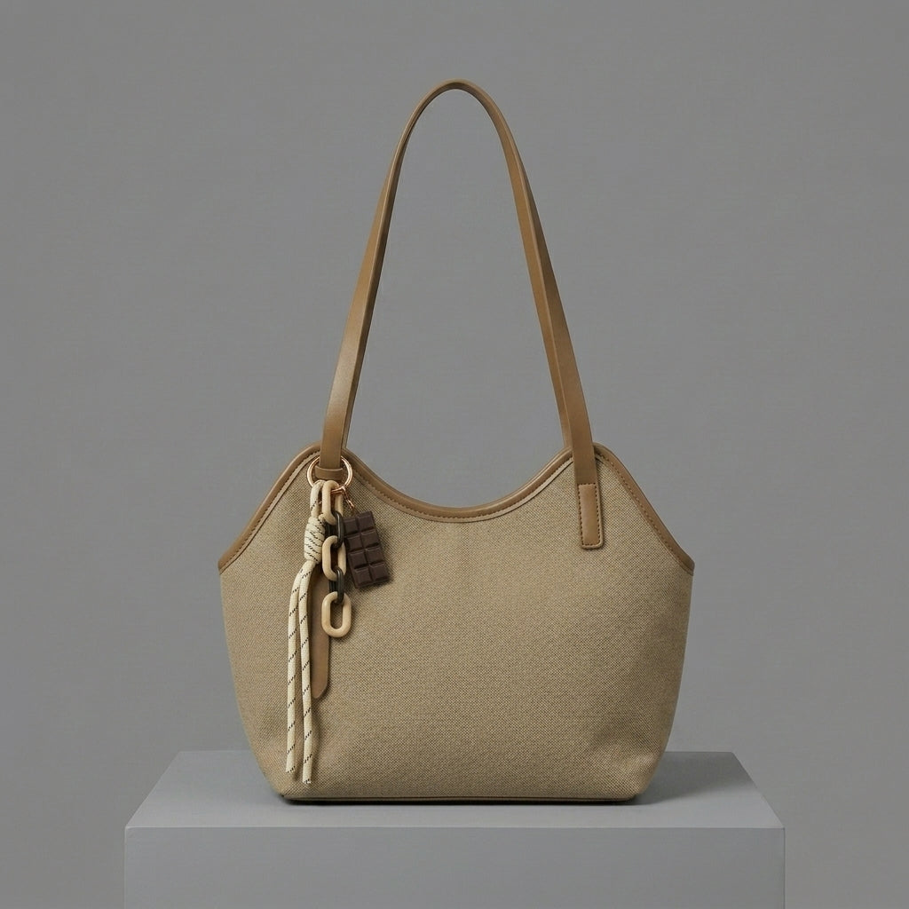 Beige Shoulder Bag with Brown Leather-Style Straps