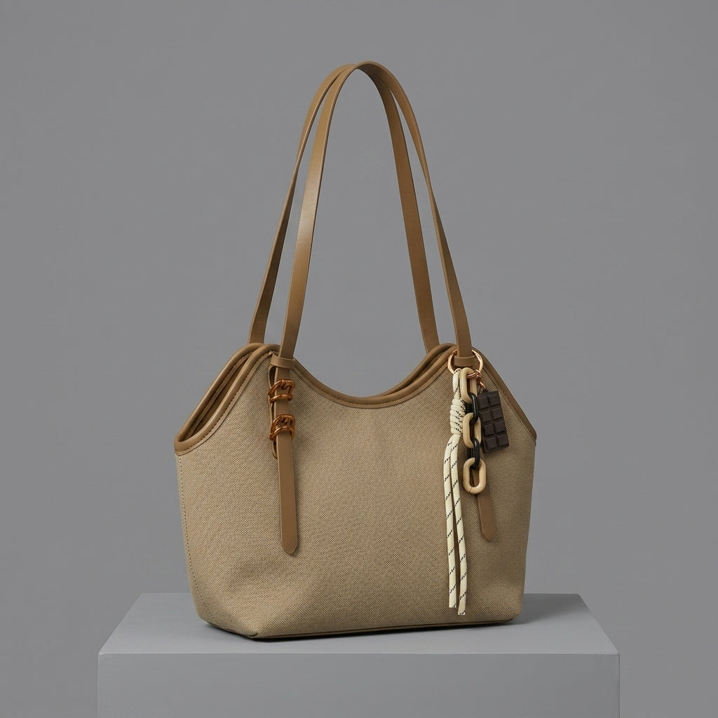 Beige Shoulder Bag with Brown Leather-Style Straps