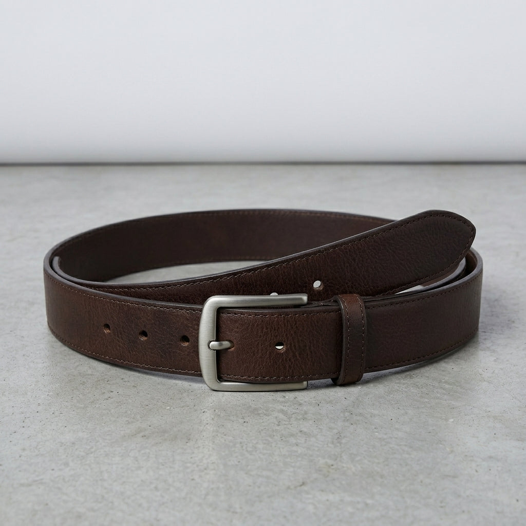 Dark Brown Textured Leather Belt with Silver Buckle