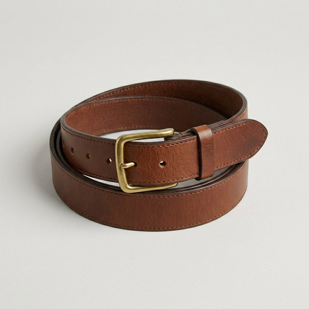 COS Slim Brown Leather Belt with Gold Square Buckle